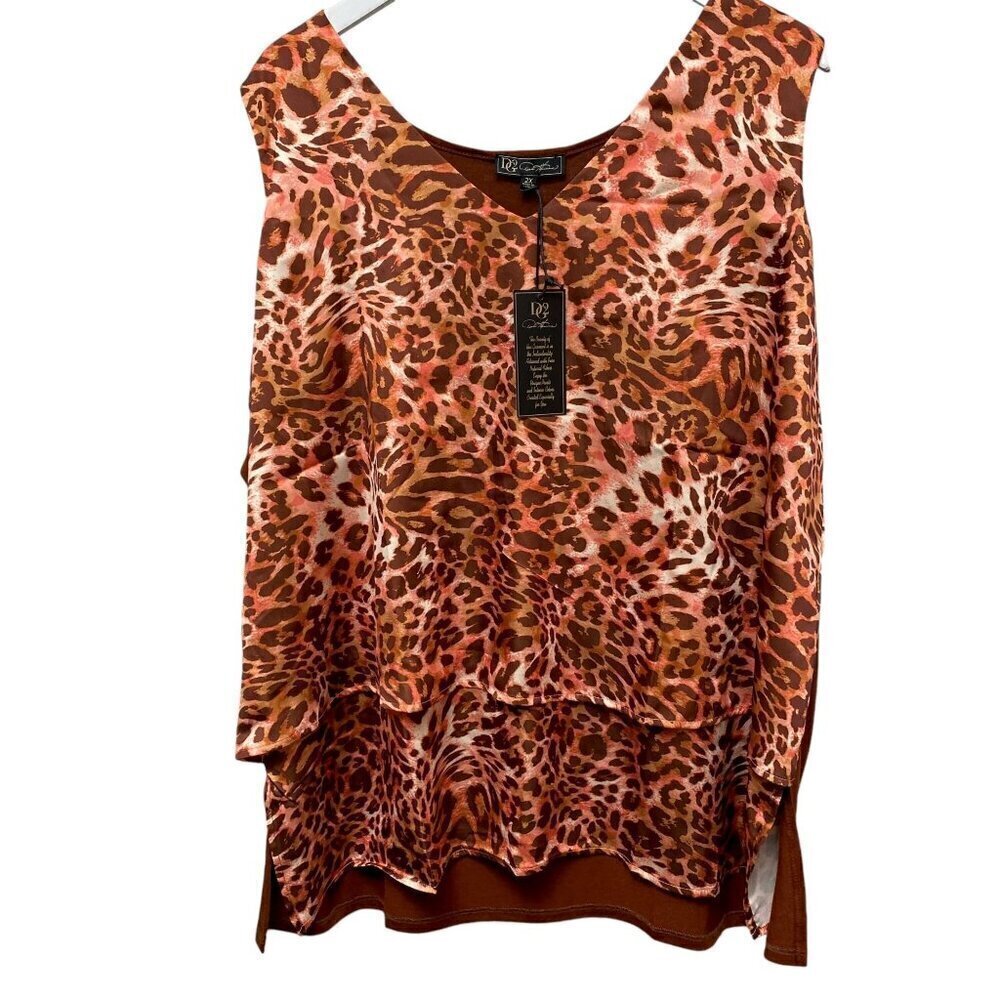 DG2 Womens Top Plus Size 2X Sleeveless Tier Blouse Leopard  Brown Orange NWT